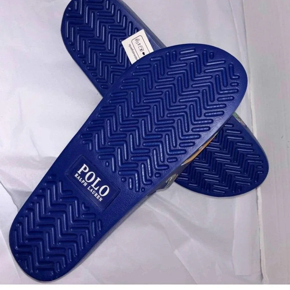 Polo Ralph Lauren Mens 13 Blue Tropical Floral Pony Logo Slides Sandals Sz 13